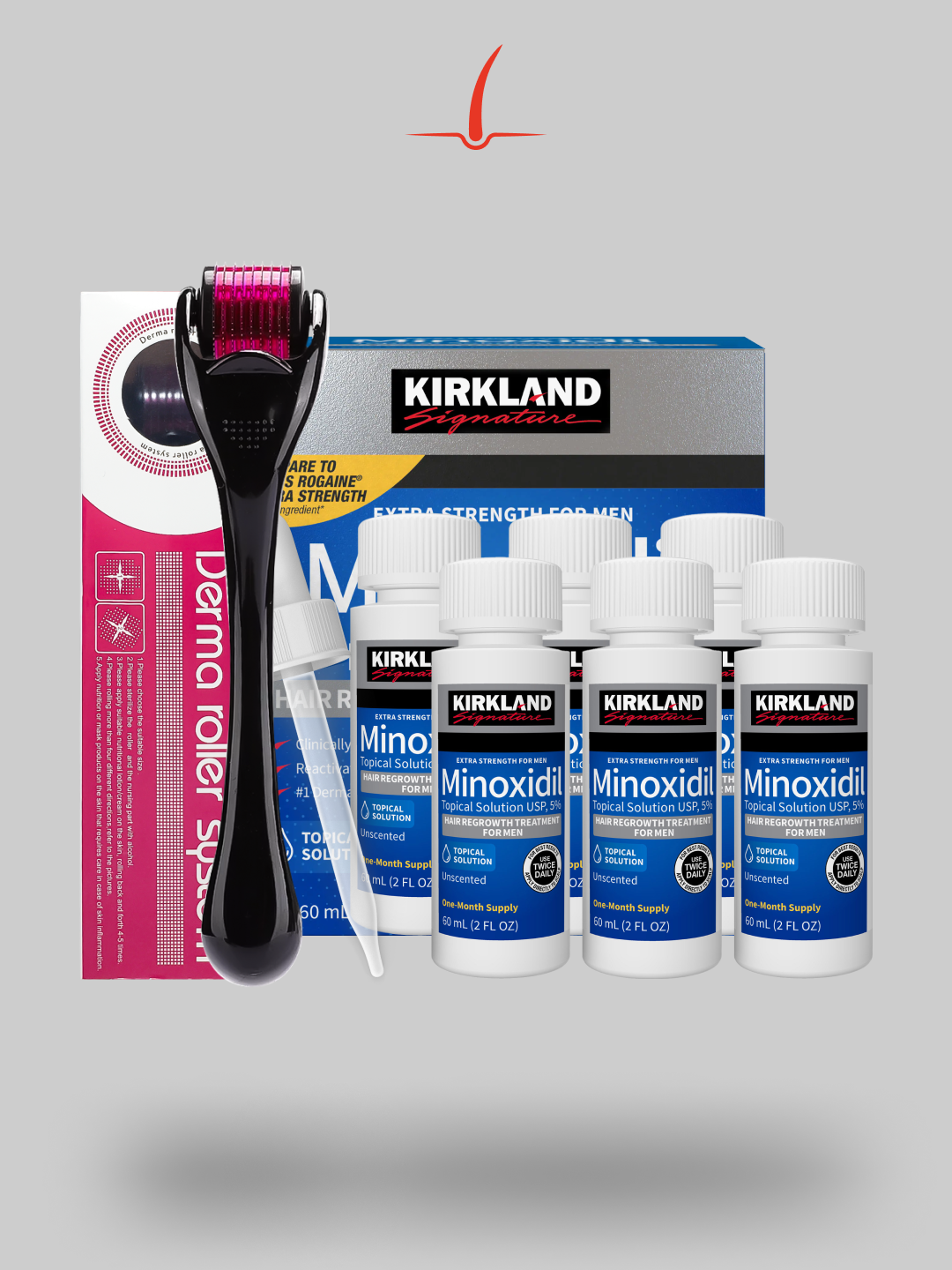 Combo - KIT Minoxidil Kirkland x 6 + Dermaroller